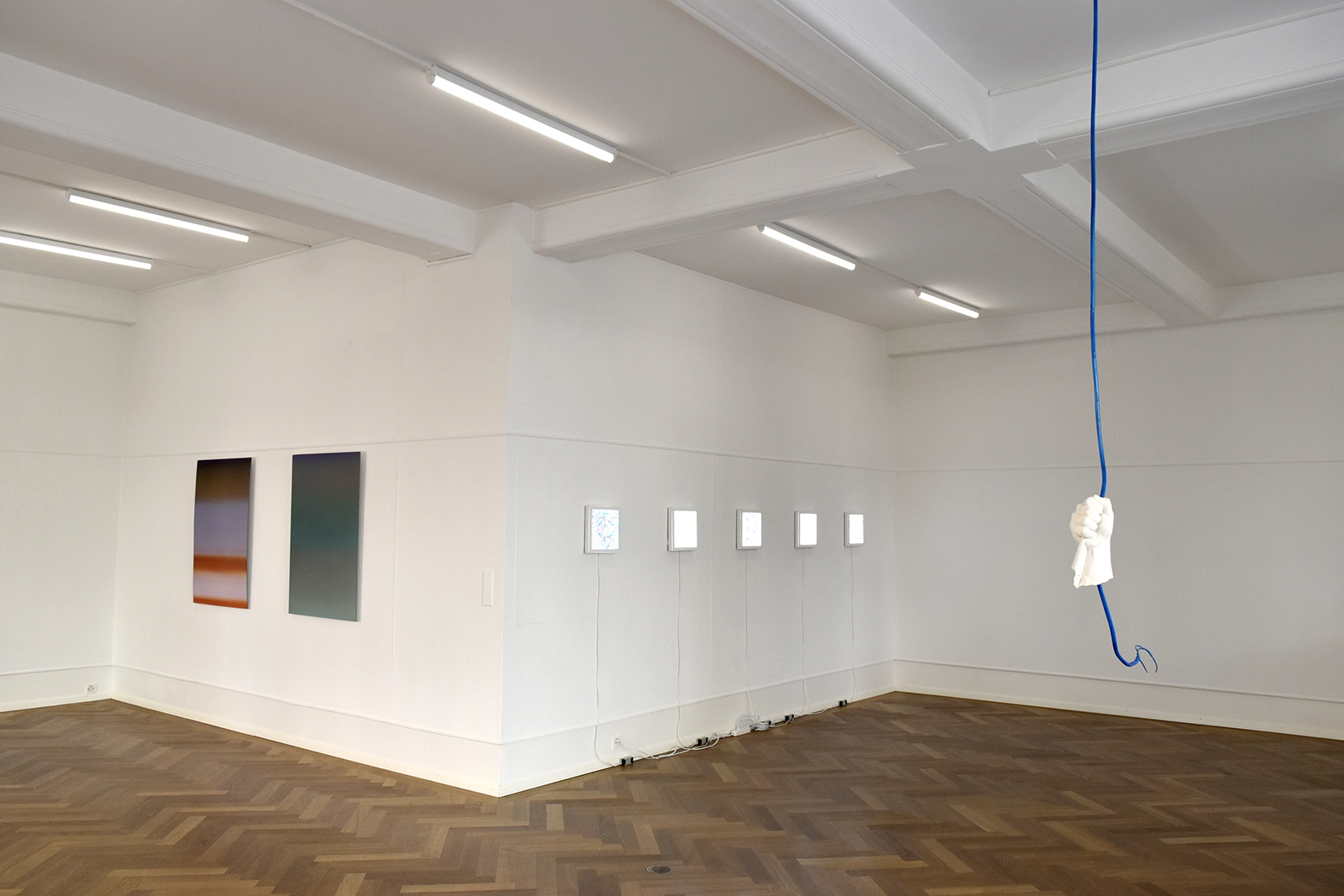 Vue d'installation de Paysages instables, main en plâtre et câble.